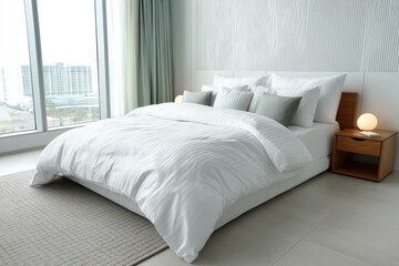 Modern Bedroom with White Bedding and City View