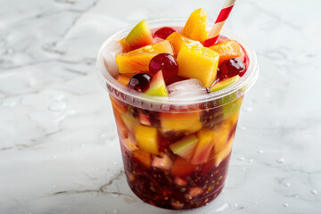 Colorful fruit cocktail in plastic cup with ice on marble background