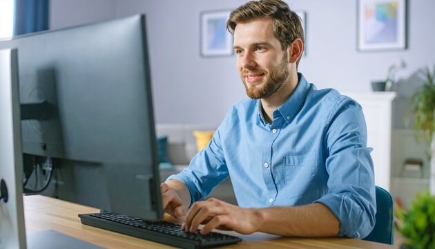 パソコンをする白人男性。AIで生成