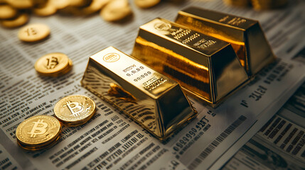 Gold Bars and Bitcoin Coins on Stock Market Background