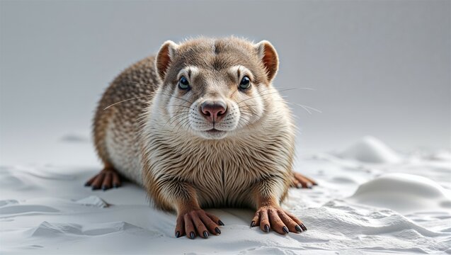 Photorealistic lemming in resting position with paws forward, full coat shown on white