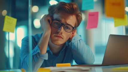 Young caucasian male in office feeling stressed and overwhelmed with unfinished tasks and deadlines surrounded by sticky notes and laptop. Work environment stressful