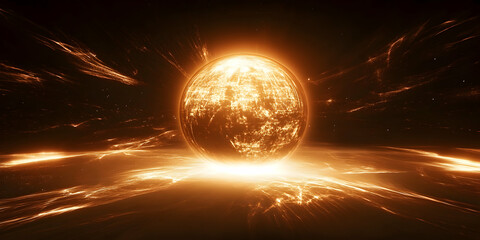 Bright Celestial Sphere Radiating Golden Light in Dark Space