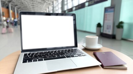 Laptop with blank screen, coffee cup, and passport on a table in a modern airport terminal, showcasing a travel or business concept. : Generative AI