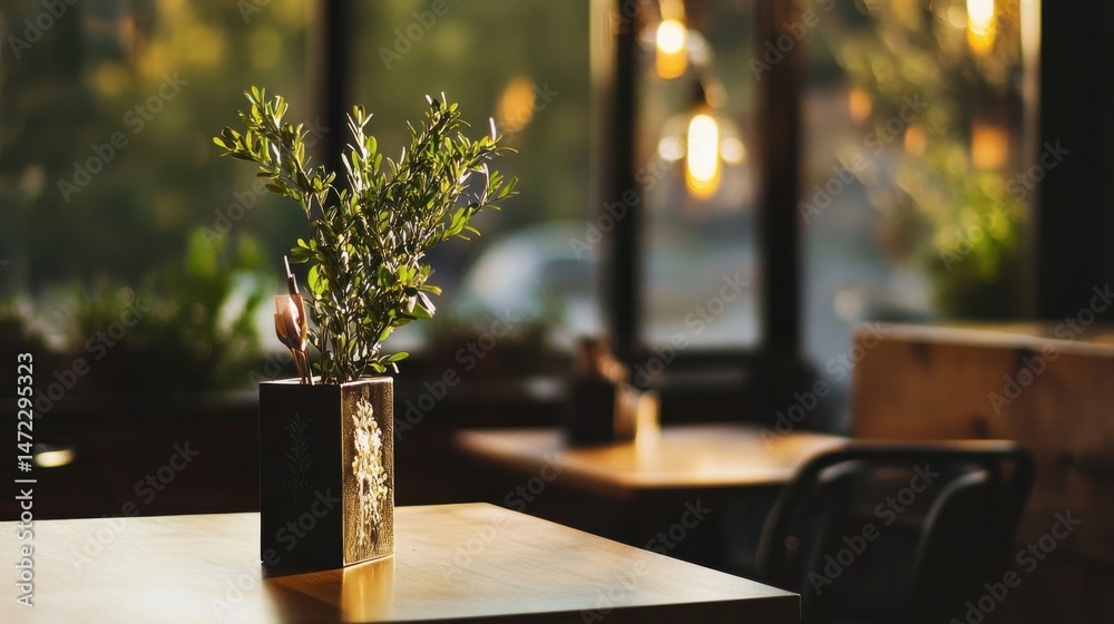 Leinwandbilder sunlight illuminates a small potted plant on a cafe table, creating a warm and inviting atmosphere. 
