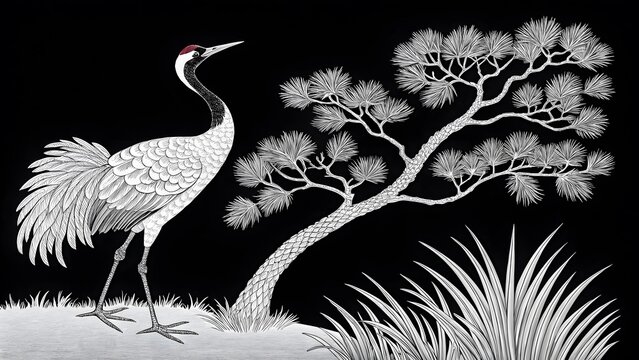 Elegant Crane Stands Proudly Beside APine Tree Ink Drawing Masterpiece Black And White Artwork Japanese Aesthetics Nature Scene