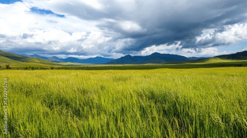 Aufkleber Vast green grassland stretches towards a dramatic mountain range under a partly cloudy sky, offering a serene landscape view. : Generative AI