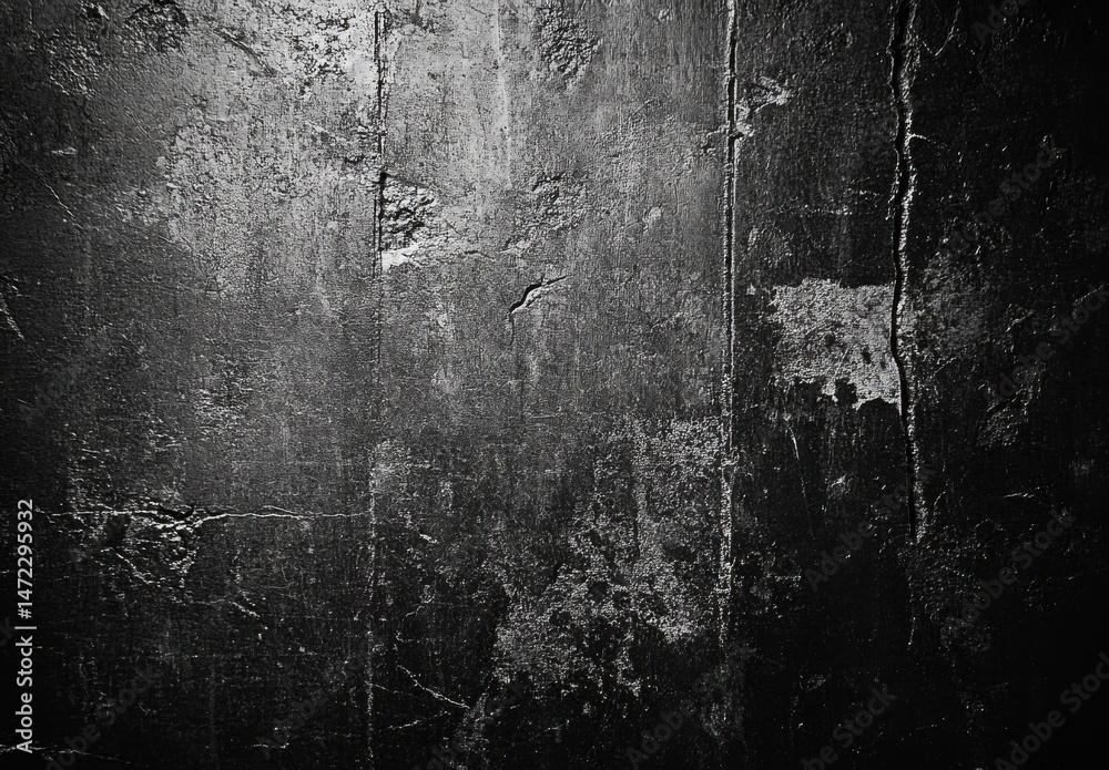 Poster dark, textured wall surface with visible cracks and distressed paint, ideal for grunge or industrial