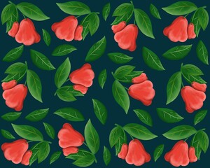 Seamless pattern featuring red rose apple fruits and lush green leaves on a dark background. Perfect for fabric, packaging, wallpaper, and tropical-themed design projects.