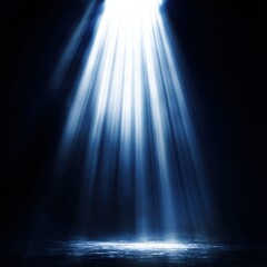 Fototapeta premium A single, bright, blue spotlight illuminates a dark, reflective surface, creating a dramatic, ethereal, and mysterious atmosphere, perfect for showcasing products or adding a touch of : Generative AI