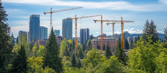 Fototapeta premium Cityscape with Construction Cranes and Green Trees