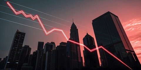 Market downturn depicted A sharp red graph line dramatically falls against a city skyline at sunset, symbolizing economic decline and uncertainty.