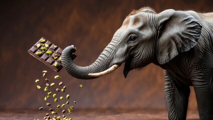 Obraz premium An elephant interacting with a sweet snack, surrounded by scattered nuts, showcasing playful curiosity