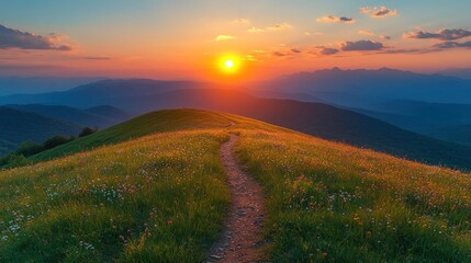 Majestic sunset over a mountain path. Lush wildflowers carpet a grassy hilltop, a trail winding towards a golden sun