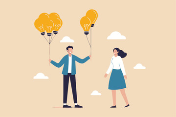 Business idea or solution offering, mentor give an advice, solution to solve business problem or help sharing creativity idea concept, smart businessman giving lightbulb idea to young employee.