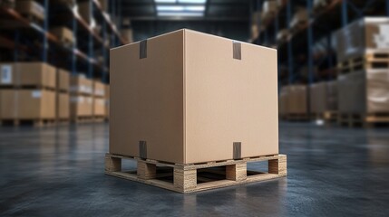 Brown cardboard box on pallet in warehouse with shelved boxes.