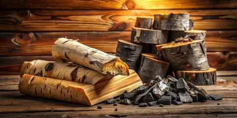 Rustic firewood and charcoal arranged on wooden surface