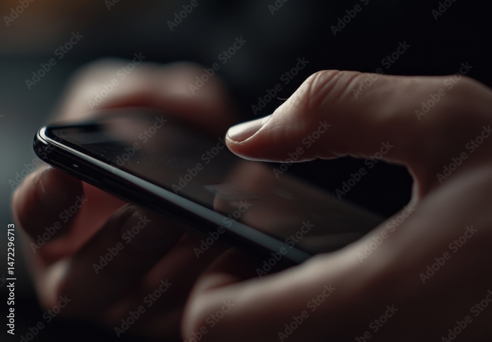 Poster Close-up view of a person's hand using a smartphone, fingers gently touching the screen, showcasing a dark, sleek device in low light. : Generative AI