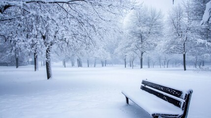 A snow-covered park bench sits serenely amidst a winter wonderland, surrounded by trees laden with fresh snow, creating a peaceful and picturesque scene. : Generative AI