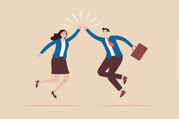 Team success winners, hi five or congratulation on business goal achievement, collaboration or encouragement concept, happy businessman and woman teamwork coworkers jumping and hi five clapping hands.