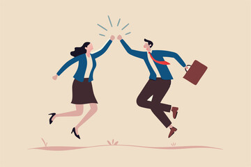 Team success winners, hi five or congratulation on business goal achievement, collaboration or encouragement concept, happy businessman and woman teamwork coworkers jumping and hi five clapping hands.
