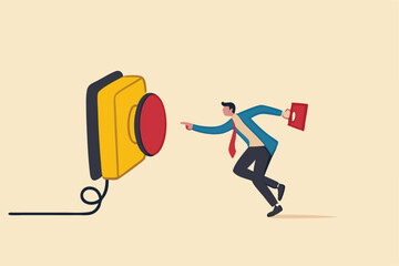 Push button call for emergency help, control or launch rocket, start new business or launch start up company concept, cautious businessman running in hurry to push red emergency button.