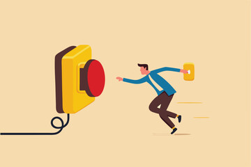 Push button call for emergency help, control or launch rocket, start new business or launch start up company concept, cautious businessman running in hurry to push red emergency button.
