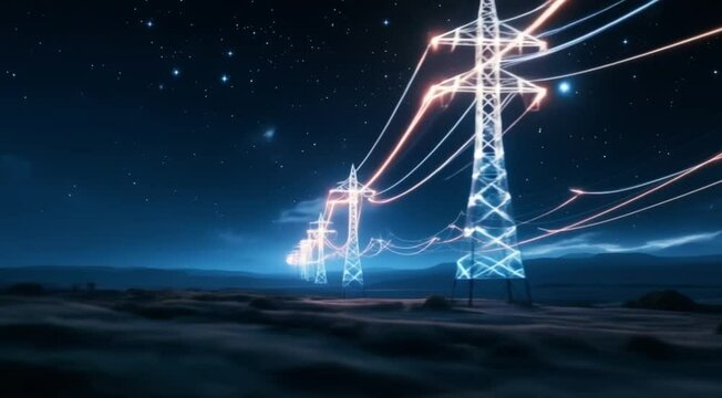 Digital animation of glowing power grid infrastructure with electrical wires under a night sky