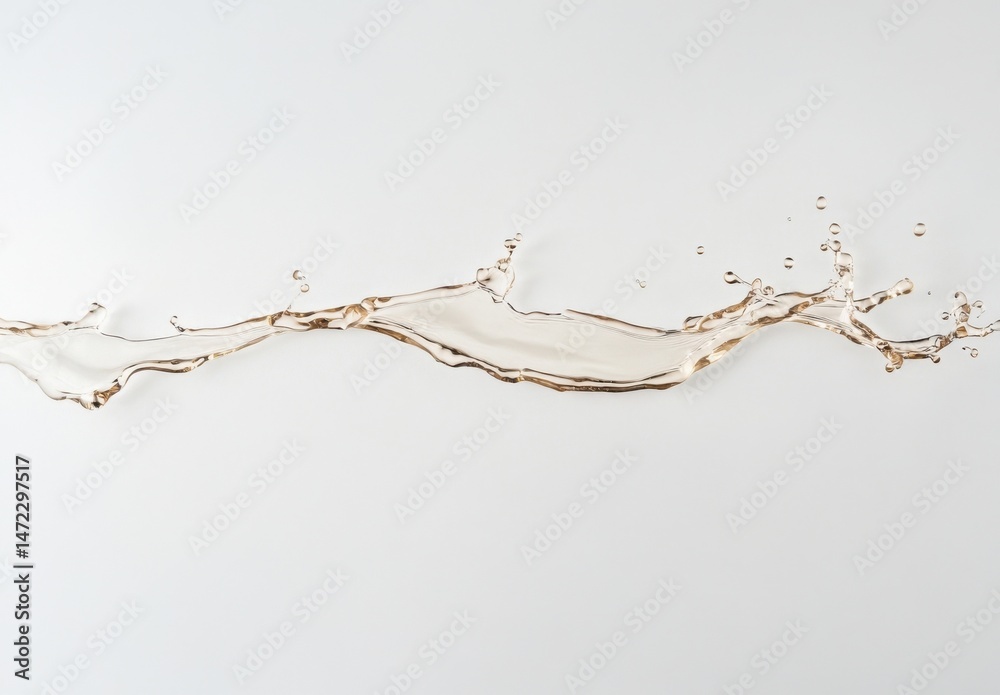 Poster Elegant beige liquid splash flowing horizontally across a white background, showcasing a dynamic, fluid movement and translucent texture. : Generative AI