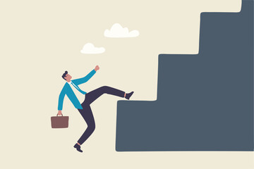 Business difficulty and challenge to overcome to achieve success goal, big step for career or adversity concept, businessman trying hard with full effort to climb up big step ladder or stairway.