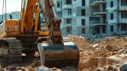 Fototapeta premium A yellow excavator digging soil at a construction site with an unfinished building in the background.