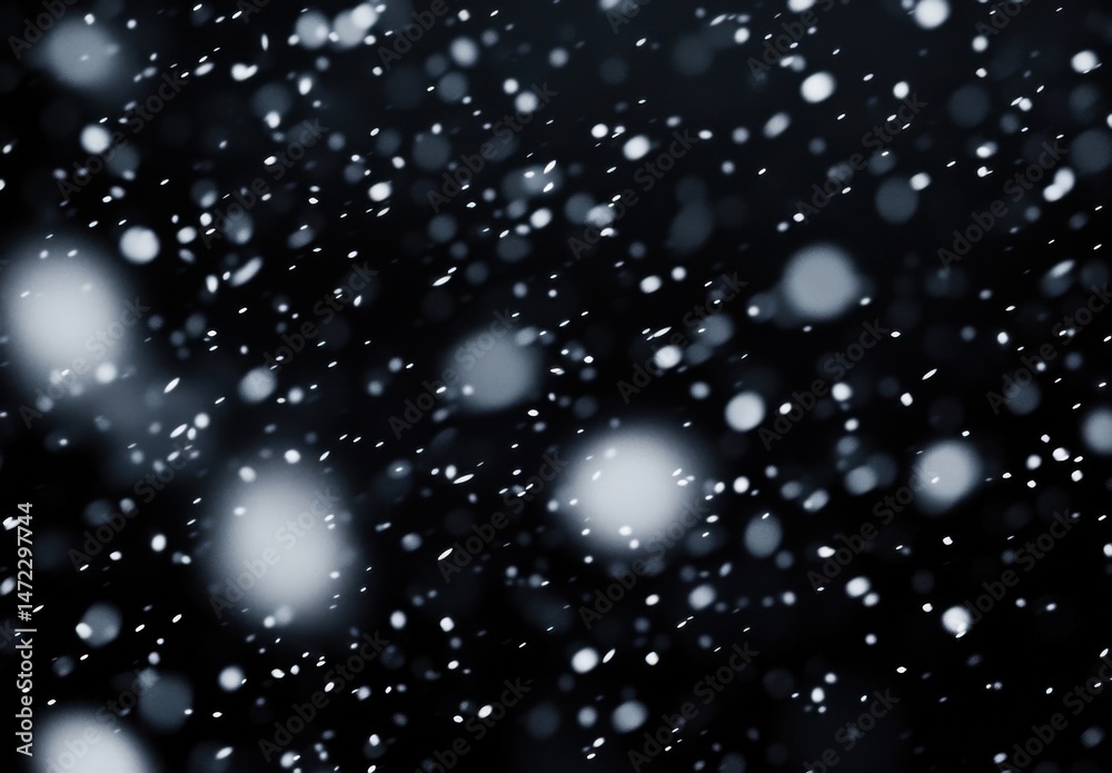 Poster Falling snowflakes on a dark night, creating a bokeh effect with varying sizes and intensities of light, ideal for winter or holiday themed designs. : Generative AI