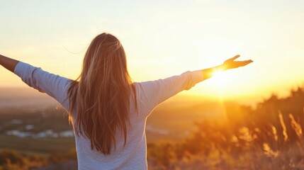 Woman with arms outstretched, enjoying a breathtaking sunset over a scenic landscape, feeling peace and freedom. : Generative AI