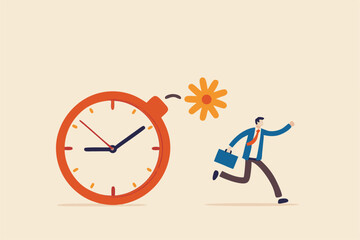 Time management, project deadline countdown or problem or trouble to deliver or launch product concept, fearful businessman running away from detonated time countdown bomb about to explode.