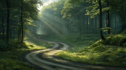 Obraz premium Sunbeams Illuminate Winding Forest Path: A Serene Nature Escape