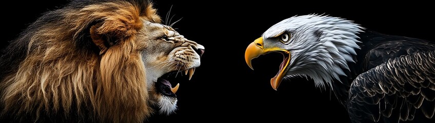 Lion and eagle with open mouths facing each other against a black background