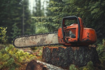 Naklejka premium Vintage Chainsaw Resting on Tree Stump in Forest – Logging and Forestry Tool