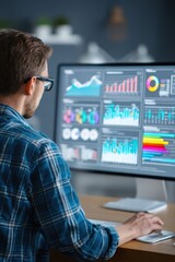 Man Analyzing Data on Computer Screen with Colorful Graphs and Charts