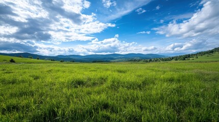 Fototapeta premium Serene landscape featuring a vast, verdant meadow stretching towards a picturesque mountain range under a vibrant blue sky dotted with fluffy white clouds. : Generative AI