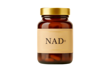 Isolated NAD+ Supplement Bottle On Transparent Background For Anti-Aging And Energy Support Product Visuals. Concept Of Cellular Health, Longevity Supplements, Mitochondrial Function, Wellness Trends