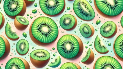 A seamless kiwi pattern background with juicy green kiwi slices.