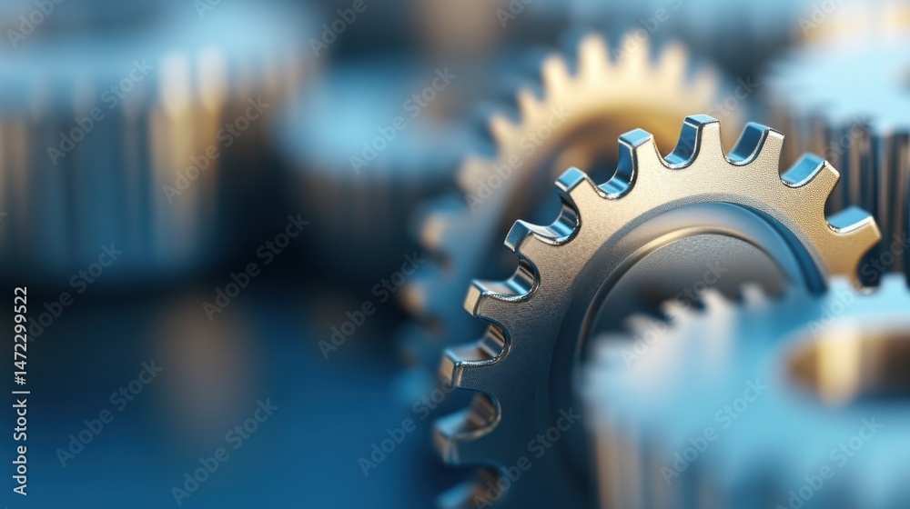 Poster Close-up of metallic gears intermeshing, showcasing intricate details and a sophisticated industrial aesthetic.  The image evokes themes of precision engineering and complex machinery. : Generative AI