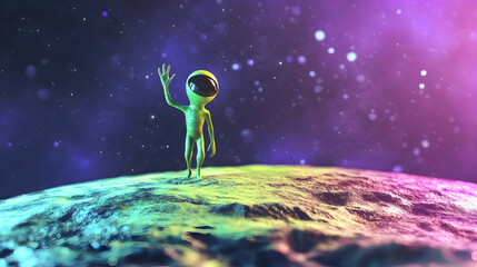 Obraz premium Friendly Alien Waving on Colorful Planet in Outer Space Environment