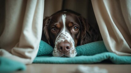 The dog hides behind the curtains, fearful to emerge, highlighting the issue of anxiety related to sounds and the importance of mental well-being, emotional sensitivity, and feelings.
