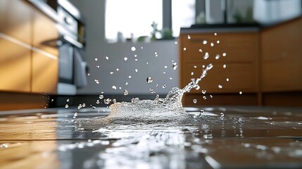 Water splashing on a shiny kitchen floor with wooden cabinets and a window.