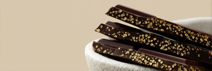 luxury chocolate brand, chic chocolate banner on soft beige backdrop, featuring minimalist dark chocolate bar illustration, elegant gold accents, and modern serif typography for a gourmet brand