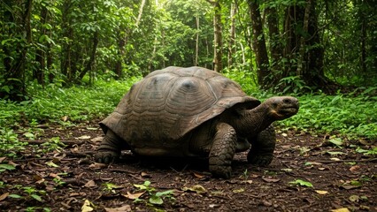 Naklejka premium Giant Tortoise Walking in Lush Green Rainforest with Sunlight Rays – World Turtle Day | World Sea Turtle Day | Sea Turtle | Save Turtle | 4K HD High Quality Turtle Laptop Desktop Wallpaper Background