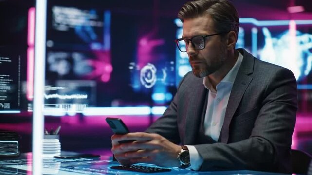 A professional businessman seated at a high-tech desk with holographic displays, intently typing an SMS on his advanced smartphone