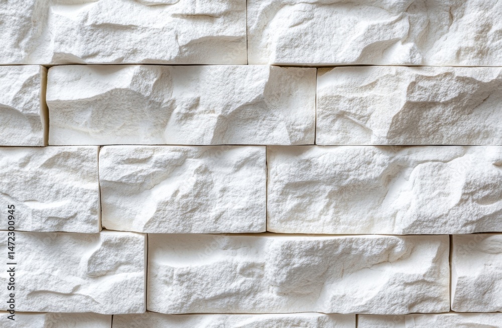 Fototapete White textured stone wall, ideal for modern interior design, featuring a seamless pattern of rectangular blocks with a rough, uneven surface.  Perfect for backgrounds or architectural  : Generative AI