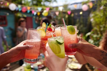 A group of friends toasting with vibrant, colorful mocktails at a festive summer garden party
